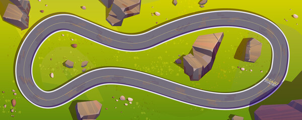 Race track for cars top view, circuit road cartoon background for game, racetrack in outdoor natural location with green grass and rocks, asphalted way loop for formula f1 competition, vector path
