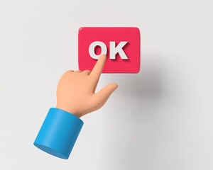 The hand presses the OK button. The hand gesture. The finger shows or presses. 3D rendering illustration