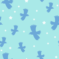 Spring seamless pattern. Vector repeating background with birds and flowers.