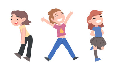 Happy funny boy and girls jumping together set cartoon vector illustration