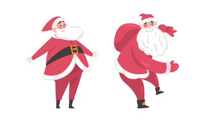 Funny Santa Claus carrying sack with gifts cartoon vector illustration