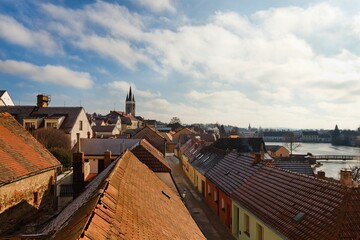Picturesque tiny houses in UNESCO town Telc, Czech republic, Europe, photographed from above during...