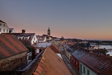 Picturesque tiny houses in UNESCO town Telc, Czech republic, Europe, photographed from above after sunset
