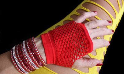 Vintage Style Fashion, Red Fishnet Glove with ripped leggings