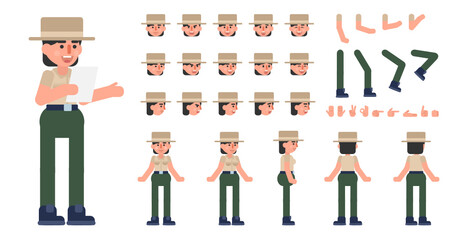 Forest ranger, policewoman, female police officer in uniform creation kit. Create your own action, pose, animation. Modern vector illustration