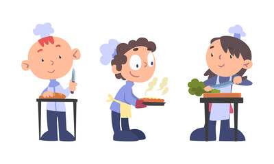 Chef kids in uniform cooking tasty dishes in the kitchen cartoon vector illustration