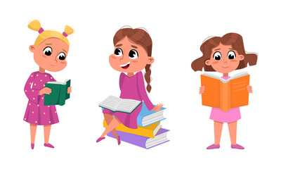 Little girls learning and enjoying reading of literature cartoon vector illustration