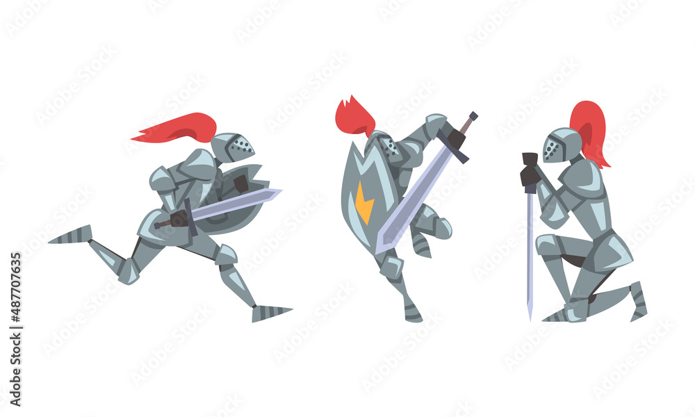 Poster medieval knight characters in different battle actions set vector illustration