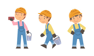 Kid builders working with construction tools set. Boys in overalls and safety hard hat cartoon vector illustration