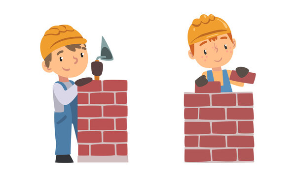 Kid builders working with construction tools set. Boys in overalls and  safety hard hat building house wall with bricks cartoon vector illustration  vector de Stock | Adobe Stock