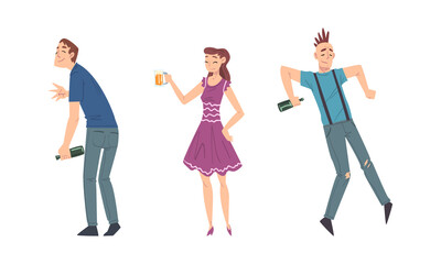 Obraz premium Drunk young people with alcohol drinks set cartoon vector illustration