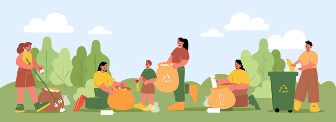 People collect and sorting waste in park. Vector flat illustration of volunteers collecting trash in bags and bin for recycle. Summer landscape with women and men pick plastic and organic rubbish © klyaksun