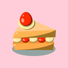 vector illustration of a piece of tart complete with cream and cherries on top.