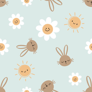 Seamless pattern with rabbits, sun cartoon and daisy flowers on green background vector illustration.