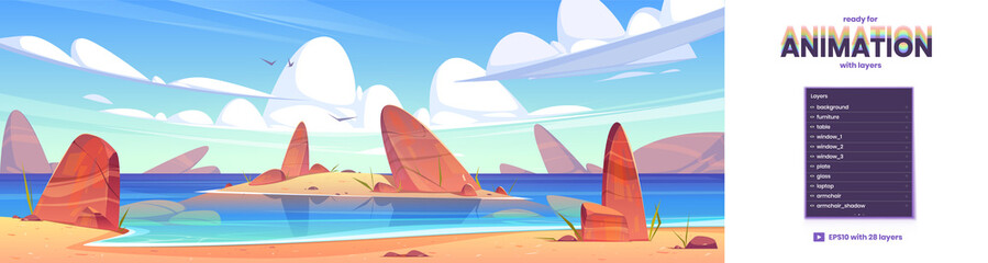 Sea nature landscape, ocean shallow parallax background with 2d separated layers ready for game animation. Rocks in clean water under fluffy clouds and gulls flying in sky, Cartoon vector illustration