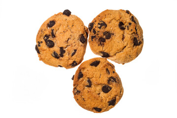 Three cookies with chocolate chips on a white background.