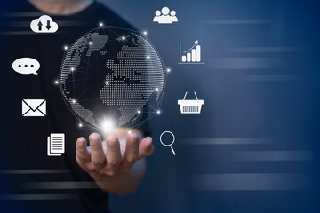 man online transactions with data connection around the world by internet technology, big data, data search, online marketing.
