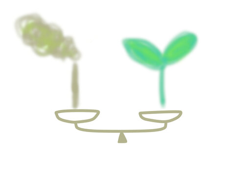 天秤の上の煙突からの煙と葉っぱの線画イラスト