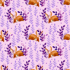 Watercolor cute pattern with a sleeping rabbit, twigs and hearts on a light lilac background.