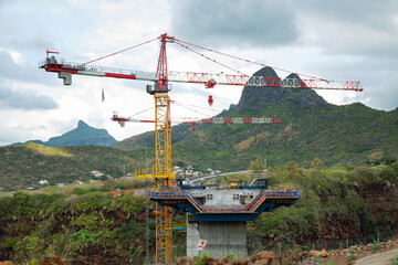 Bridge construction site with crane across the Grand River North West  in the republic of Mauritius.