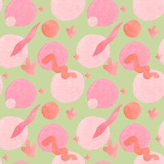 Abstract watercolor Hippie seamless pattern on isolated background. Print 70s, textured, with blotches and hand painted shapes. Designs for textiles, fabric, wrapping paper, packaging,scrapbooking.