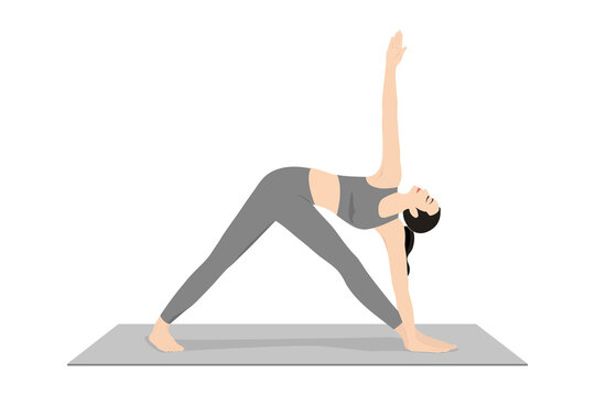 Triangle Pose Hand In Front. Beautiful girl practice Trikonasana Hand In Front. Young attractive woman practicing yoga exercise. working out, black wearing sportswear, grey pants and top, indoor full
