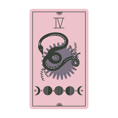 Vintage tarot cards with moon phases and snakes isolated on a white background. Celestial magic for occult and divination. Pink light cards. Serpent with sun. Flat vector illustration.