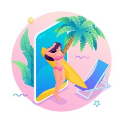 Modern isometry. 3D illustration of a young woman on vacation, broadcasts the rest in social networks. Search for air tickets and book hotels