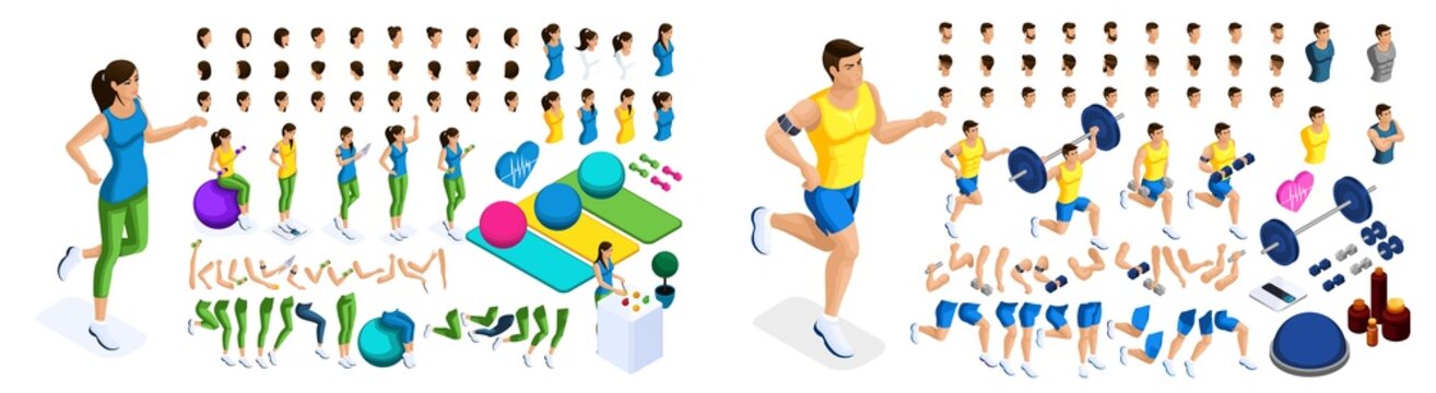 Isometric create your athlete girls and guys, a large set of emotions, gestures of hands, foot movements, a healthy lifestyle. Create your characters. Set 3