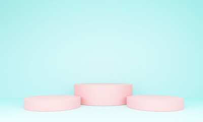 Pink pedestal for display on green background. Empty product stand with a geometrical shape. minimal style. 3d render.