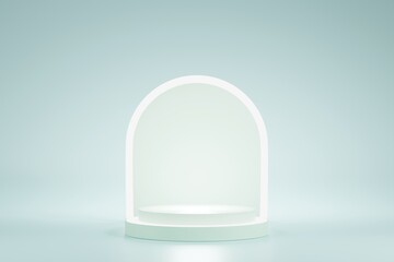 white pedestal for display on green background. Empty product stand with a geometrical shape. minimal style. 3d render.