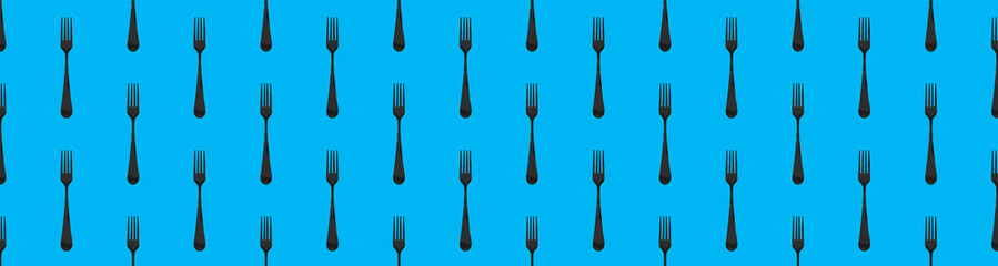 Seamless pattern. Fork top view on blue background. Template for applying to surface. Flat lay. Banner for insertion into site. 3D image. 3D rendering.
