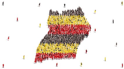 Uganda Map and Flag. A large group of people in the Uganda flag color form to create the map. 4K Animation Video.