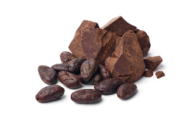 Cocoa mass with cocoa beans isolated on white background.