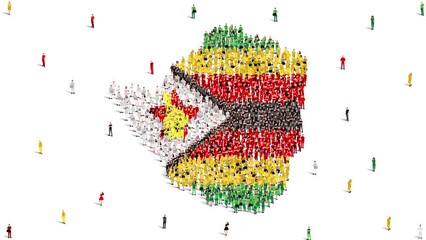 Zimbabwe Map and Flag. A large group of people in the Zimbabwe flag color form to create the map. 4K Animation Video.