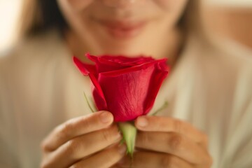 A happy woman receiving a red rose from her husband on valentines day. Mother's day. Love.