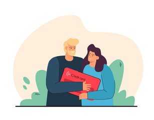 Happy married couple with big credit card. Husband and wife taking loan or mortgage from bank flat vector illustration. Family budget, banking, wealth concept for banner or landing web page