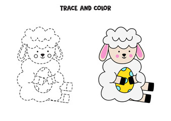 Trace and color cute Easter sheep. Worksheet for children.