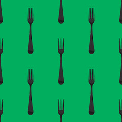 Seamless pattern. Fork top view on green background. Template for applying to surface. Flat lay. 3D image. 3D rendering.