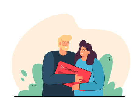 Happy married couple with big credit card. Husband and wife taking loan or mortgage from bank flat vector illustration. Family budget, banking, wealth concept for banner or landing web page