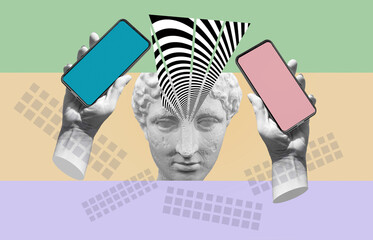 Fashion collage in magazine and pop art style. Statue holding modern blank frameless screen smartphone in a palm.