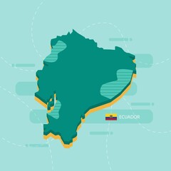 3d vector map of Ecuador with name and flag of country on light green background and dash.