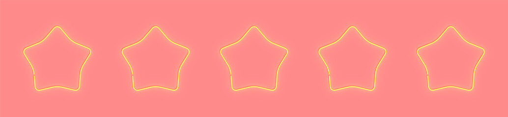 5 neon stars set on pink background. Glowing yellow stars banner for ratings and reviews.