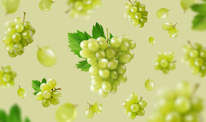 Green background with grapes and leaves. Green grapes in fly on green background. Realistic vector illustration.