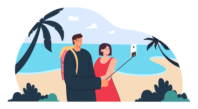 Couple taking selfie while travelling flat vector illustration. Happy young man and woman hugging, taking photo using selfie stick in background of sea, sandy beach and palms. Holiday concept