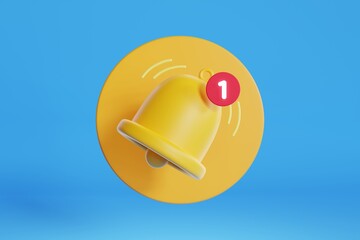 Notification bell icon on blue background. 3d rendering. 