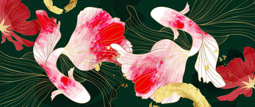 Luxury floral and fish in line art style background. Watercolor wallpaper with gold and red shades of flowers and crap fish. Golden brush vector for banner, prints, covers.