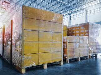 Packaging Boxes Wrapped Plastic Film on Pallets Rack in Storage Warehouse. Supply Chain. Storehouse Commerce Shipment. Warehouse Shipping Logistics.	
