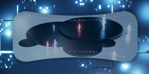 VR camera in virtual reality sandbox and Metaverse world Metaverse avatars and people 3d illustration