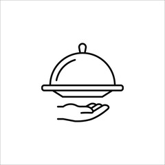 Restaurant Platter icon. Covered food tray on a hand of hotel room service vector icon on white background